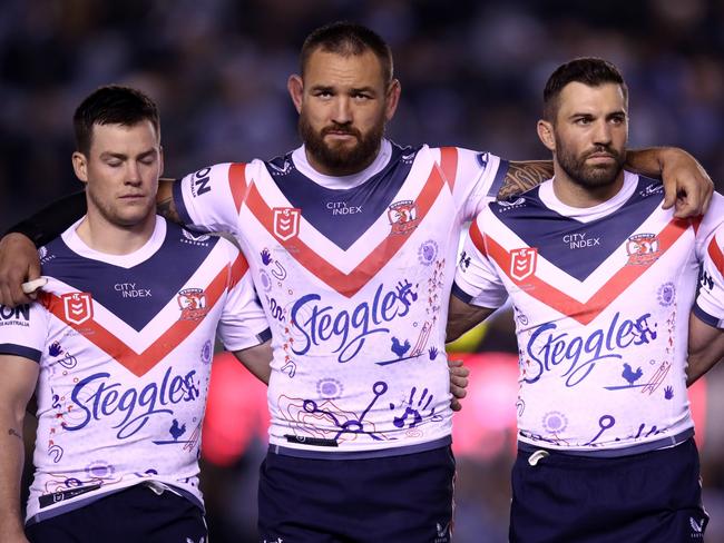 SYDNEY, AUSTRALIA - MAY 28: Luke Keary, Jared Waerea-Hargreaves, James Tedesco and Connor Watson of the Roosters look on during the round 12 NRL match between the Cronulla Sharks and the Sydney Roosters at PointsBet Stadium on May 28, 2022 in Sydney, Australia. (Photo by Jason McCawley/Getty Images)