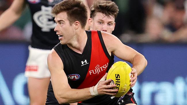 Essendon is hopeful Zach Merrett can get up for the Anzac Day clash despite suffering a serious ankle injury just four weeks ago. Picture: Michael Klein