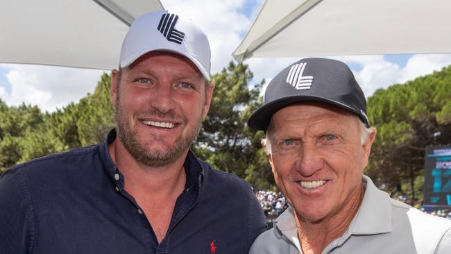 February 15, 2025: Deputy Leader of the Victorian Liberal Party Sam Groth with Greg Norman at Liv Golf Adelaide. Picture: Kelly Barnes