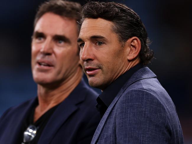 SYDNEY, AUSTRALIA - MARCH 17: NSW Blues state of origin coach Brad Fittler speaks to Queensland Maroons state of origin coach Billy Slater during the warm-up before the round three NRL match between Sydney Roosters and South Sydney Rabbitohs at Allianz Stadium on March 17, 2023 in Sydney, Australia. (Photo by Mark Kolbe/Getty Images)