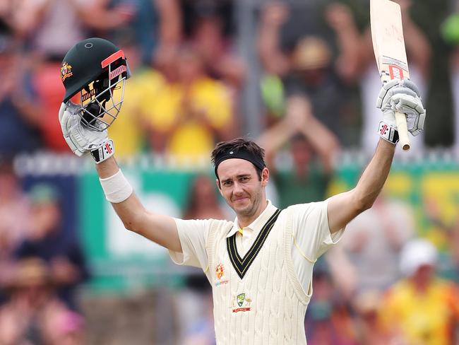 Australia's Kurtis Patterson celebrates his first hundred for Australia during Day 2 of the second Test match between Australia and Sri Lanka at Manuka oval, Canberra. Picture. Phil Hillyard