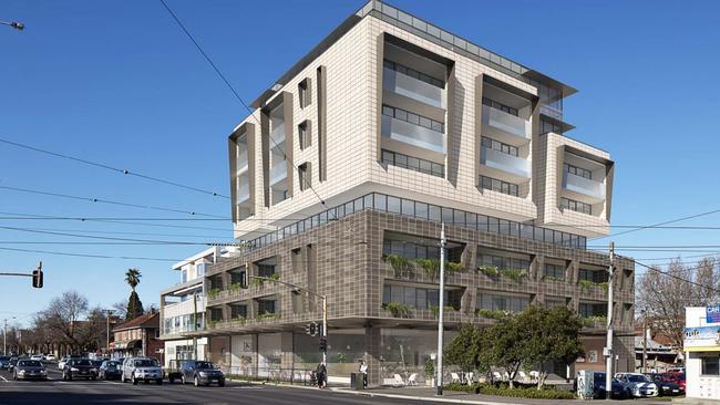 An artist's impression of a proposed eight-storey apartment complex on the site of St Kilda’s Greyhound Hotel.