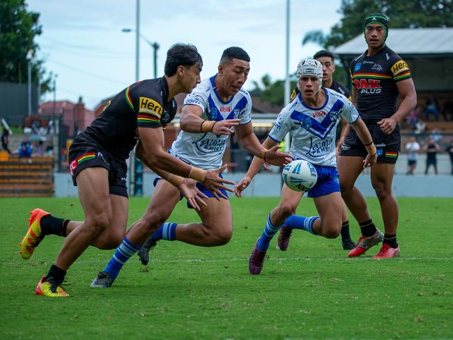 Penrith's Marcellus Iakopo and Canterbury's Sosaia Alatini fight for possession. Picture: Thomas Lisson