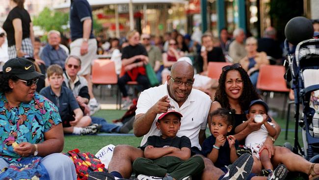 Losalini Pati, Jose Evora, Koto Pati, Ema Evora, 3, Larney Evora and Brandon, 10 months, at the live Olympic site at Parramatta on September 17. Picture: Lindsay Moller