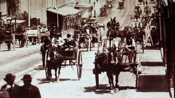 The average speed of a hose and cart, such as these seen on Parramatta Rd, was 16km/h. Picture: State Records of NSW