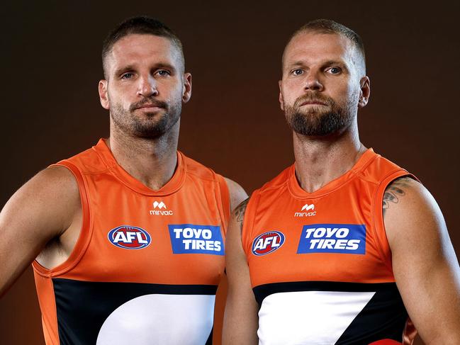 Portrait of GWS Giants players Jesse Hogan and Jake Stringer at the Giants team photo and content day on February 11, 2025. Photo by Phil Hillyard (Image Supplied for Editorial Use only - **NO ON SALES** - Â©Phil Hillyard )