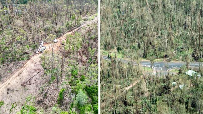 Side-by-side comparisons of the destruction in storm-battered Wongawallan (left) with that of Mission Beach after Cyclone Yasi in 2011. Picture: Energex