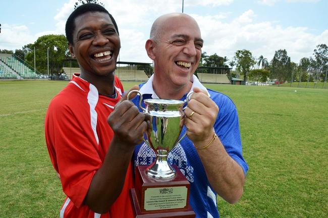 African Allstars captain Adeyemi Johnson and Lismore Councillor Gianpiero Battista will compete in the hotly contested African Allstars vs Lismore Legends annual football friendly on 8 October, pitting African refugees against Lismore City Council workers. Photo Contributed. Picture: Contributed