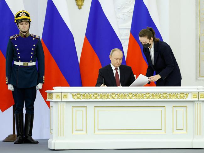 Russian President Vladimir Putin attends a ceremony to sign treaties formally annexing four regions of Ukraine. Picture: AFP