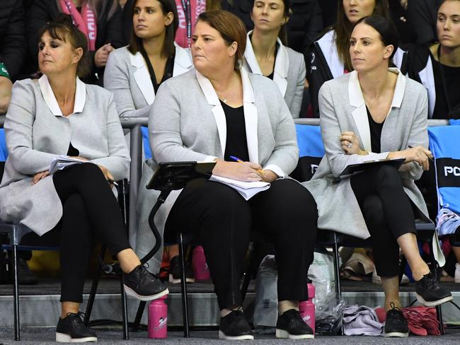 Thunderbirds head coach Tania Obst (centre) is flanked by her assistants including Nat von Bertouch, right. Picture: Mark Brake/Getty