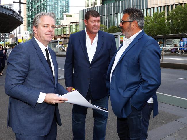 James Packer (centre) with former director Andrew Demetriou (right) and former executive Todd Nisbet in Melbourne. Picture: Aaron Francis/The Australian
