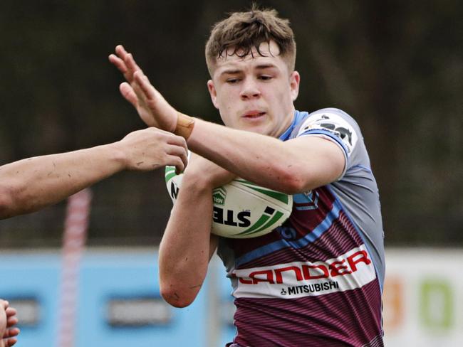 Blake Metcalfe from The Hills Sports High school making a break against Chifley College senior campus NRL Schoolboy Cup at St Marys Leagues Stadium on the 12th of August.  PICTURE: Adam Yip