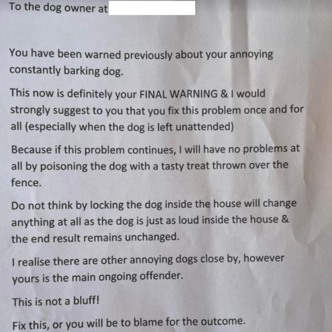 A Bribie Island resident has sent a threatening letter to a neighbour over their dog. Picture: Facebook