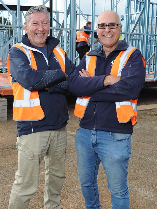 Oneconstruct directors Dino Gallina and Vince Cosmai at the former Holden site where they have established a modular construction base. Picture: Michael Marschall