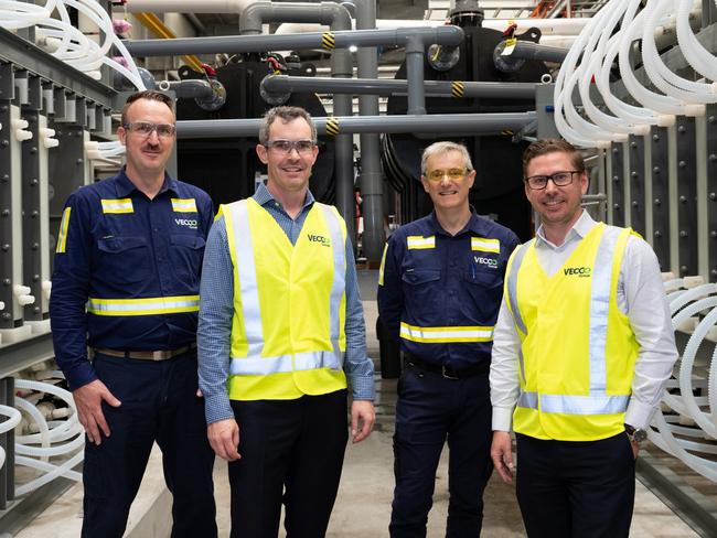 During the commissioning of the vanadium electrolyte manufacturing facility in Townsville are (from left) plant manager Nigel Gadsden, general manager Jeremy Peters, chief technology officer Campbell Middleton and managing director Tom Northcott.