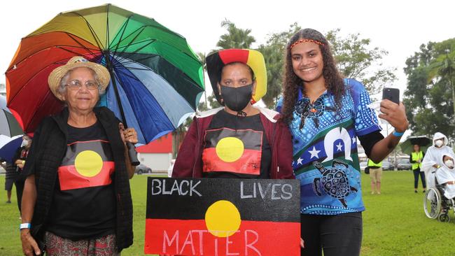 Carolyn McCarthy (centre) with Chynnasha Tomarra and Glenda Daw at Black Lives Matter protest in Innisfail in 2020. Picture: JOSHUA DAVIES