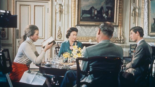 Queen Elizabeth II lunches with Prince Philip and their children Princess Anne and Prince Charles at Windsor Castle for the BBC documentary 'Royal Family in 1969. Picture: Hulton Archive/Getty Images