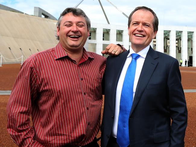 Australian Workers Union boss (now federal Opposition Leader) Bill Shorten with survivor Brant Webb at Parliament House in Canberra in 2013. Picture: KYM SMITH