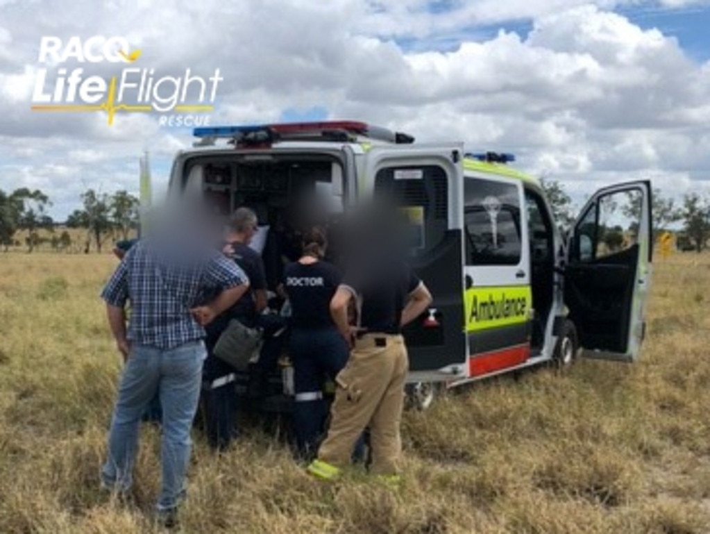 The Toowoomba-based RACQ LifeFlight Rescue crew has airlifted a pilot to hospital, after he was injured in a helicopter crash, in the Western Downs on January 27, 2022. Picture: RACQ LifeFlight