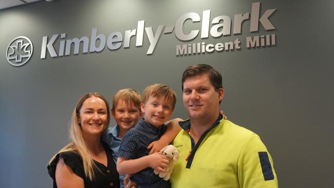 Jo and Simon Hughes have returned home to Millicent with sons Hunter, 6 and Dusty, 3, and have both secured jobs at Kimberly-Clark's Millicent Mill. - Picture Jessica Ball