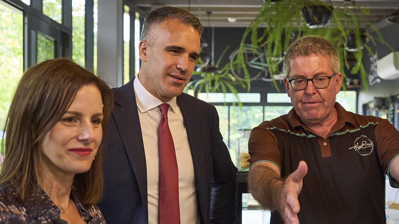 Premier Peter Malinauskas with ALP Dunstan candidate Cressida O’Hanlon at the High Street Cafe in Kensington on March 19. Picture: Matt Loxton
