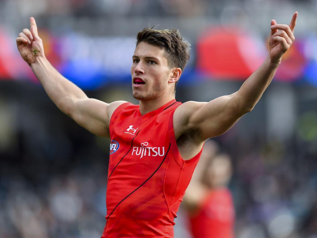 ADELAIDE, AUSTRALIA - MAY 07: Archie Perkins of the Bombers celebrates a goal during the round eight AFL match between Port Adelaide Power and Essendon Bombers at Adelaide Oval, on May 07, 2023, in Adelaide, Australia. (Photo by Mark Brake/Getty Images)