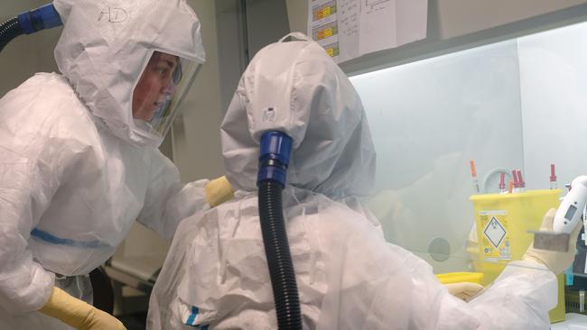 Technician Adeline Danneels, left, and Sandrine Belouzard, a virologist and researcher, at work in a biosafety security laboratory at the Pasteur Institute of Lille, France. The research institute has sequenced the genome of the coronavirus using blood samples taken from the first confirmed French cases of the virus. The institute's scientists are focusing on how the virus works, treatments and a possible vaccine. Picture: Getty Images