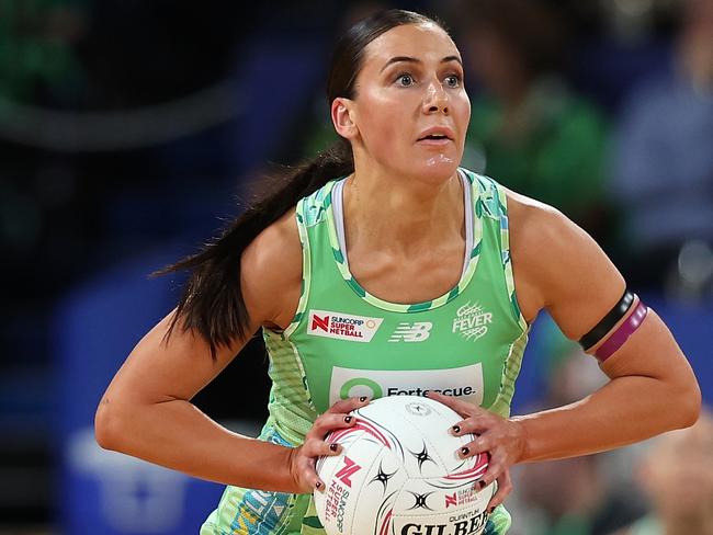 PERTH, AUSTRALIA - JUNE 16: Kelsey Browne of the Fever in action during the round 10 Super Netball match between West Coast Fever and NSW Swifts at RAC Arena, on June 16, 2024, in Perth, Australia. (Photo by Paul Kane/Getty Images)