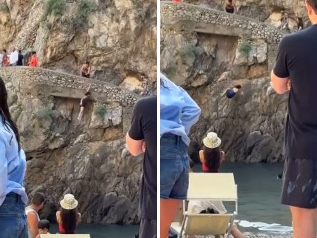 Witnesses were heard shrieking as a woman toppled from a cliff and smashed herself on rocks on her way to the water beneath.