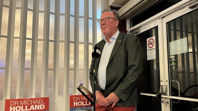 Labor member for Bega, Michael Holland giving his victory speech. Picture: Tom McGann