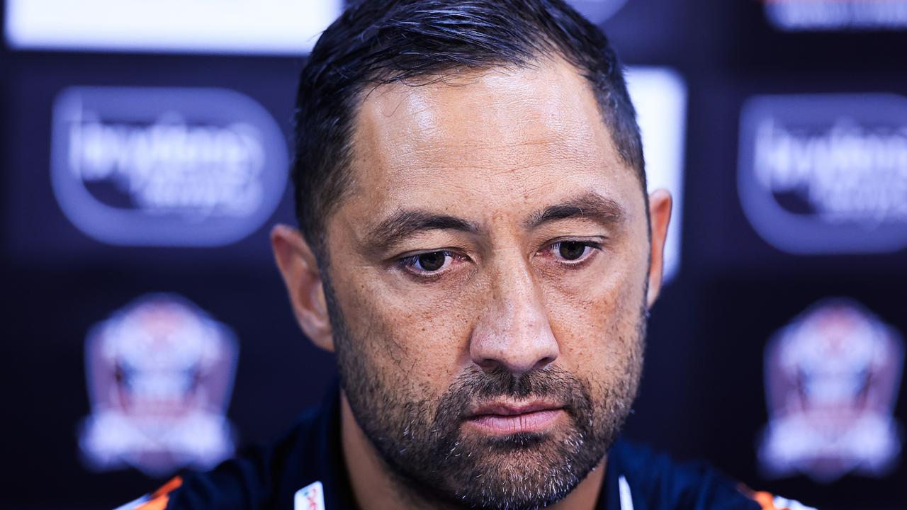 CANBERRA, AUSTRALIA – MARCH 16: Benji Marshall, new head coach of the Wests Tigers looks on at a press conference after their loss during the round two NRL match between Canberra Raiders and Wests Tigers at GIO Stadium, on March 16, 2024, in Canberra, Australia. (Photo by Jenny Evans/Getty Images)