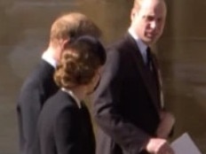 Kate, William and Harry seen together after the funeral of Prince Philip. Picture: BBC