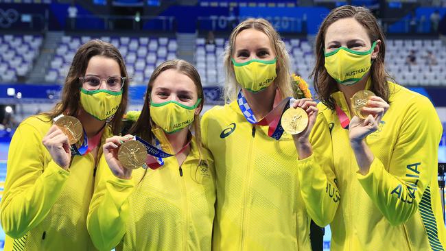 Australia’s gold medal winning 4x100m medley relay teamEmma McKeon, Kaylee McKeown, Chelsea Hodges and Cate Campbell. Picture: Adam Head