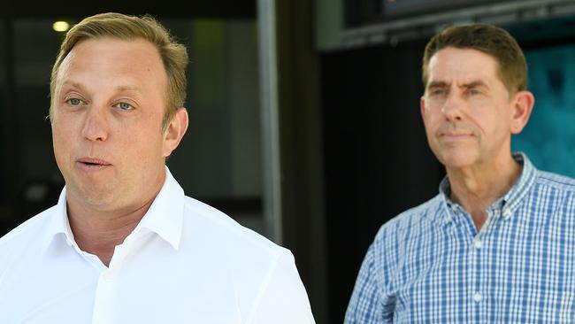 Leader of the Opposition Steven Miles and Deputy Leader of the Opposition Cameron Dick speak to the media in Townsville. Picture: Shae Beplate.