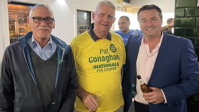 Pat Conaghan with supporters at The Pier Hotel on election night including The Nationals State Member for Coffs Harbour Gurmesh Singh in the background .