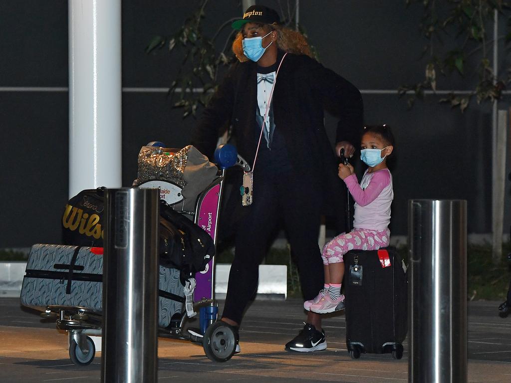 Serena Williams was seen with her daughter Alexis Olympia Ohanian Jr. as they arrived at Adelaide Airport. Picture: Mark Brake/Getty Images