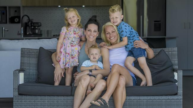 Erin Phillips with wife Tracy and kids, Brooklyn 4, Drew 18 months, Blake 4. Picture: Roy Vandervegt