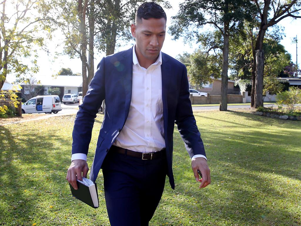 Israel Folau arriving at his church in Kenthurst, Sydney.