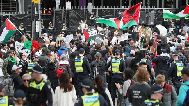 Extinction Rebellion and pro-Palestine protesters (pictured) took up the streets of Melbourne against the 2024 International Land Defence Expo. Picture: NewsWire / David Crosling