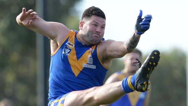 Cranbourne full-forward Marc Holt needed one goal to reach his 1000-goal milestone on Saturday and kicked it in the first 90 seconds Picture: AAP/ Chris Eastman.