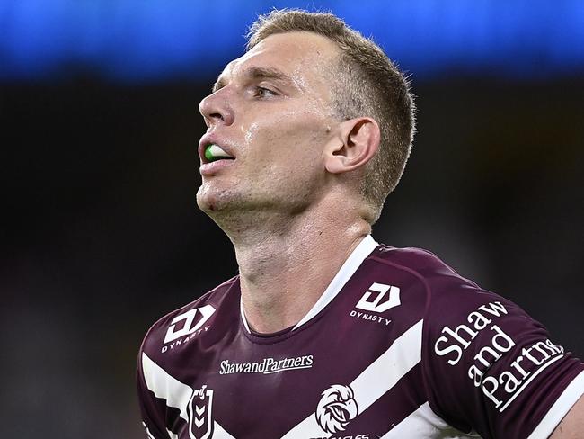 TOWNSVILLE, AUSTRALIA - JULY 06: Tom Trbojevic of the Sea Eagles loduring the round 18 NRL match between North Queensland Cowboys and Manly Sea Eagles at Qld Country Bank Stadium, on July 06, 2024, in Townsville, Australia. (Photo by Ian Hitchcock/Getty Images)