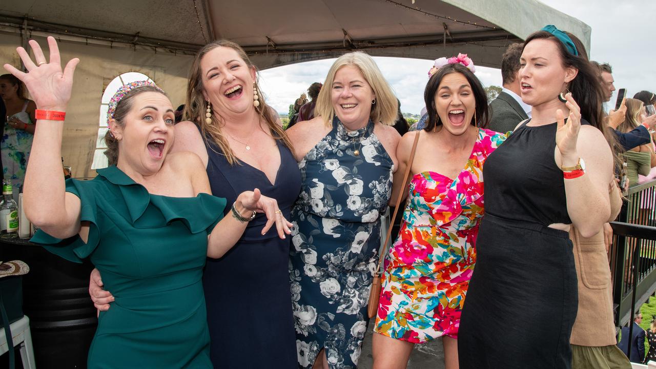 From left; Fiona Jones, Tiana Fry, Keryn Kimber, Steph Mariani and Alana Schluter. IEquine Toowoomba Weetwood Raceday - Clifford Park Saturday September 28, 2024 Picture: Bev Lacey