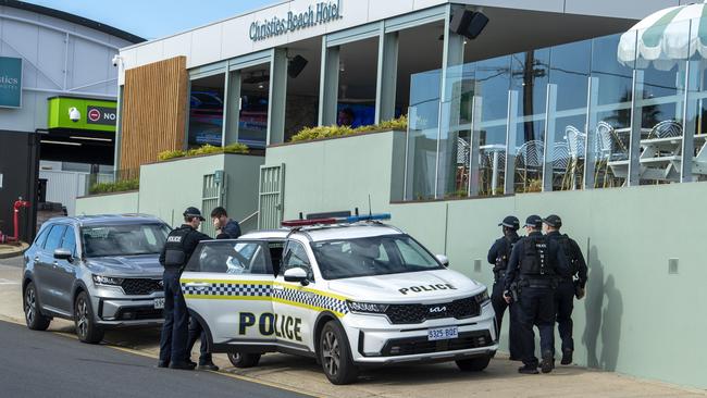 Police at Christies Beach Hotel where a man was evading police on the roof. Picture Mark Brake