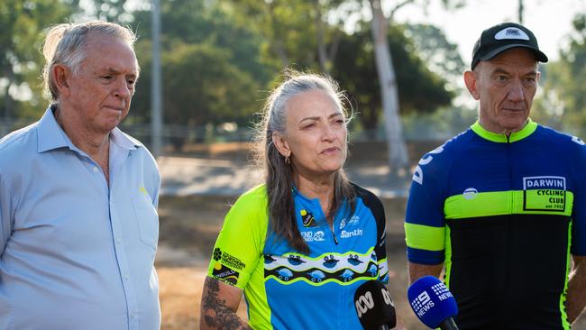 Sunbuild managing director Neil Sunners, Minister Kate Worden and Darwin Cycling Club chairman Julian Barry ahead of the 2024 edition of the Top End Gran Fondo. Picture: Pema Tamang Pakhrin