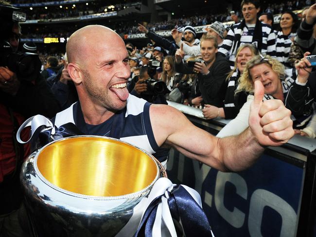 Paul Chapman enjoys one of Geelong’s premierships.