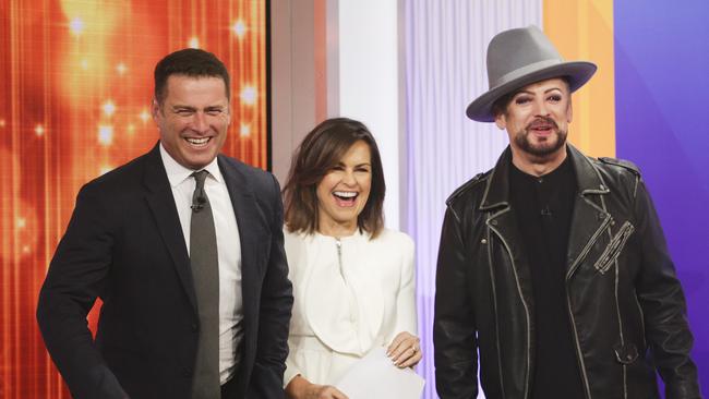 Karl Stefanovic, Lisa Wilkinson and Boy George. Picture: Justin Lloyd