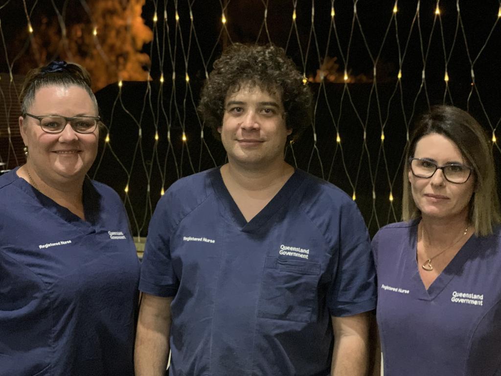 (From left to right) Moranbah nurses Bronwyn Dagan, Josh Sondergeld and Robyn Whitehead attend the meeting at Civeo Camp to mark the two-year anniversary of the Grosvenor Mine blast. Picture: Duncan Evans