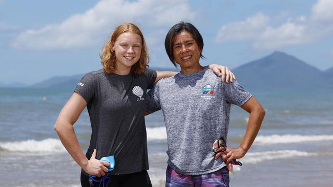 Two women from the Clams and Masters swimming club set out from Green Island Saturday morning to swim the gruelling distance to Yorkeys Knob. Harriet Grant made it to shore around 6pm, while Kaname Woodfield had to pull out 7km from the end with increasing currents. Picture: Brendan Radke