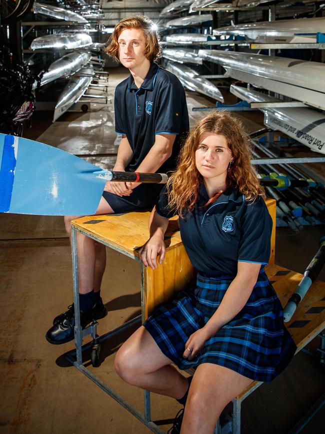 Unley High School year 11 students Asha Grace and Connor Donnellan with their boats on at West Lakes. Picture: Matt Turner