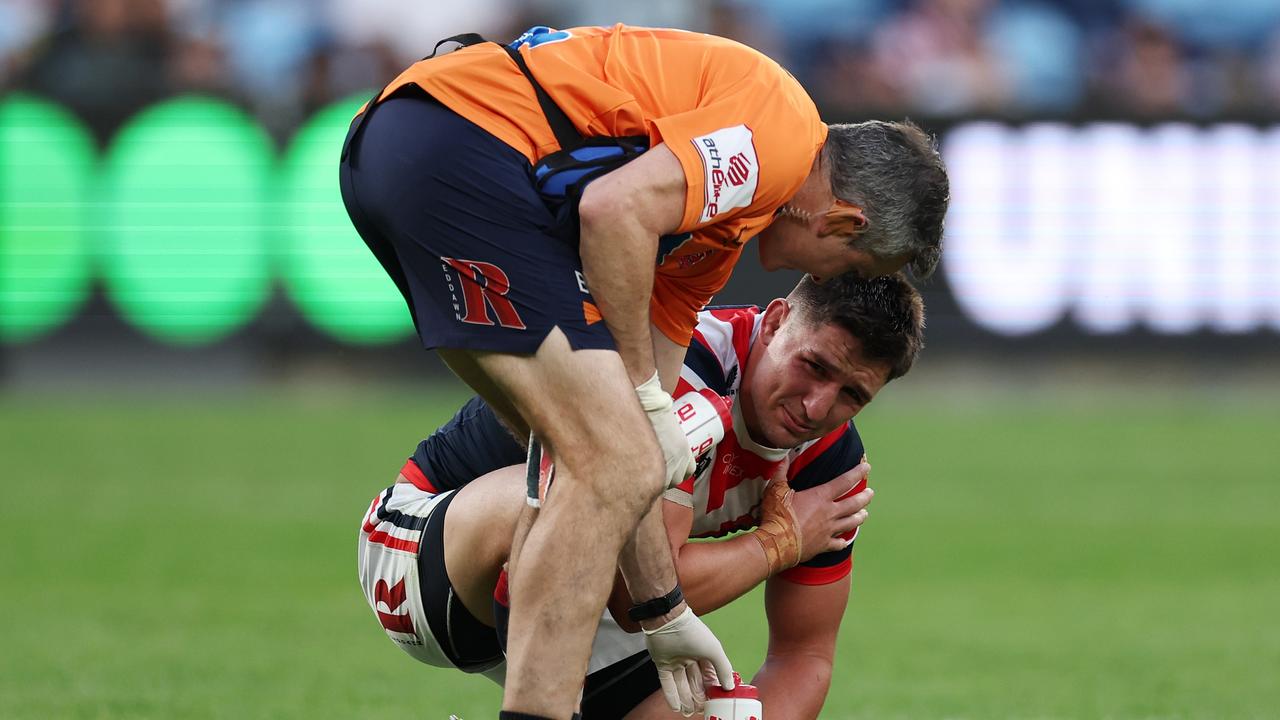 SYDNEY, AUSTRALIA - SEPTEMBER 01: Victor Radley of the Roosters reacts to an injury during the round 26 NRL match between Sydney Roosters and Canberra Raiders at Allianz Stadium, on September 01, 2024, in Sydney, Australia. (Photo by Cameron Spencer/Getty Images)